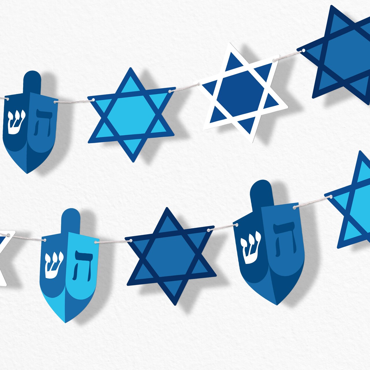 Big Dot of Happiness Hanukkah Garland Banner, Holiday Decor Backdrop, 30 Feet of Cord, 15 Paper Star of David & Dreidel Shapes Double-Sided